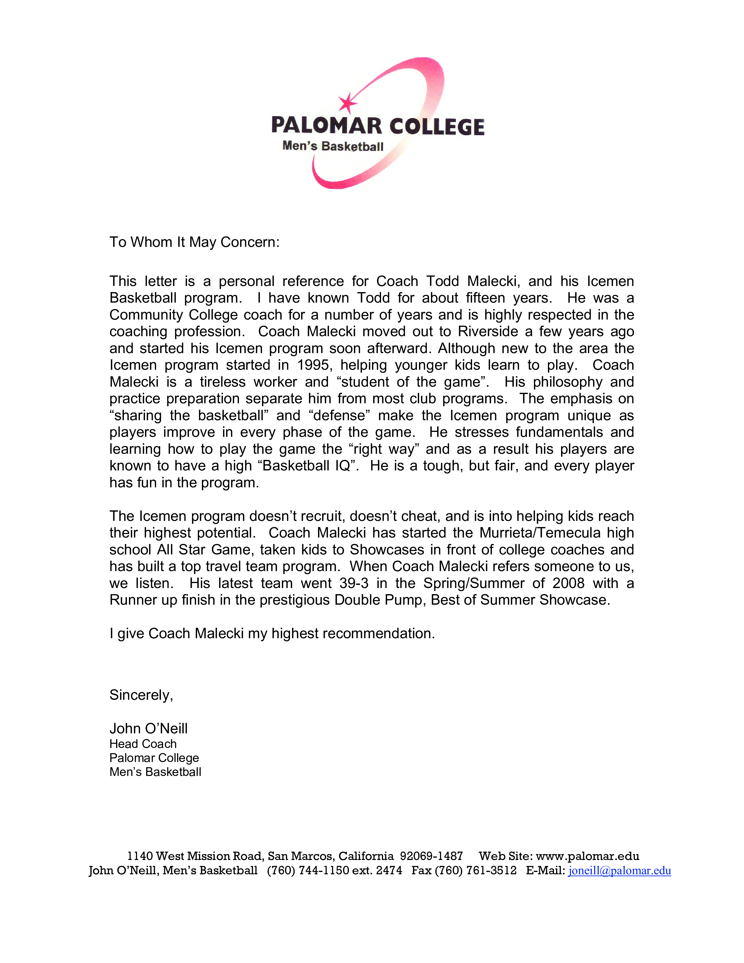 Letter Of Recommendation For A Coaching Job  Templates at