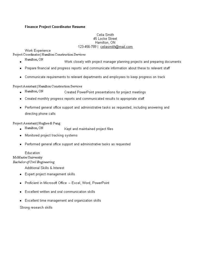 finance project coordinator resume template
