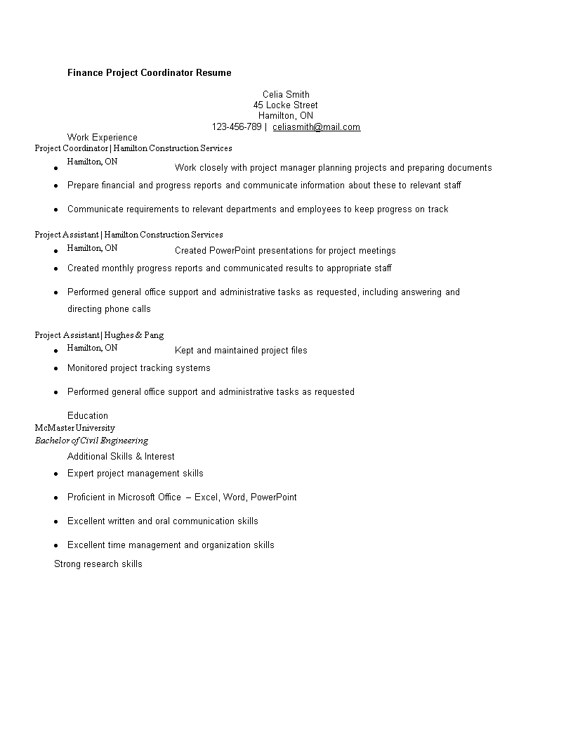 finance project coordinator resume modèles