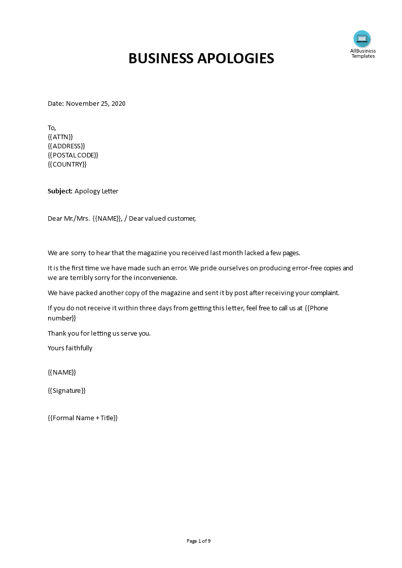 Kostenloses Business Apology Letter Mistake