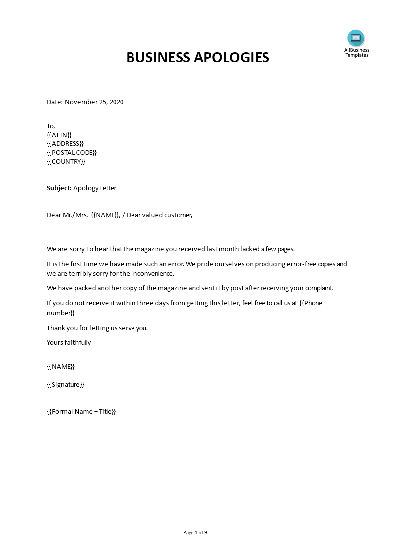 business apology letter mistake voorbeeld afbeelding 