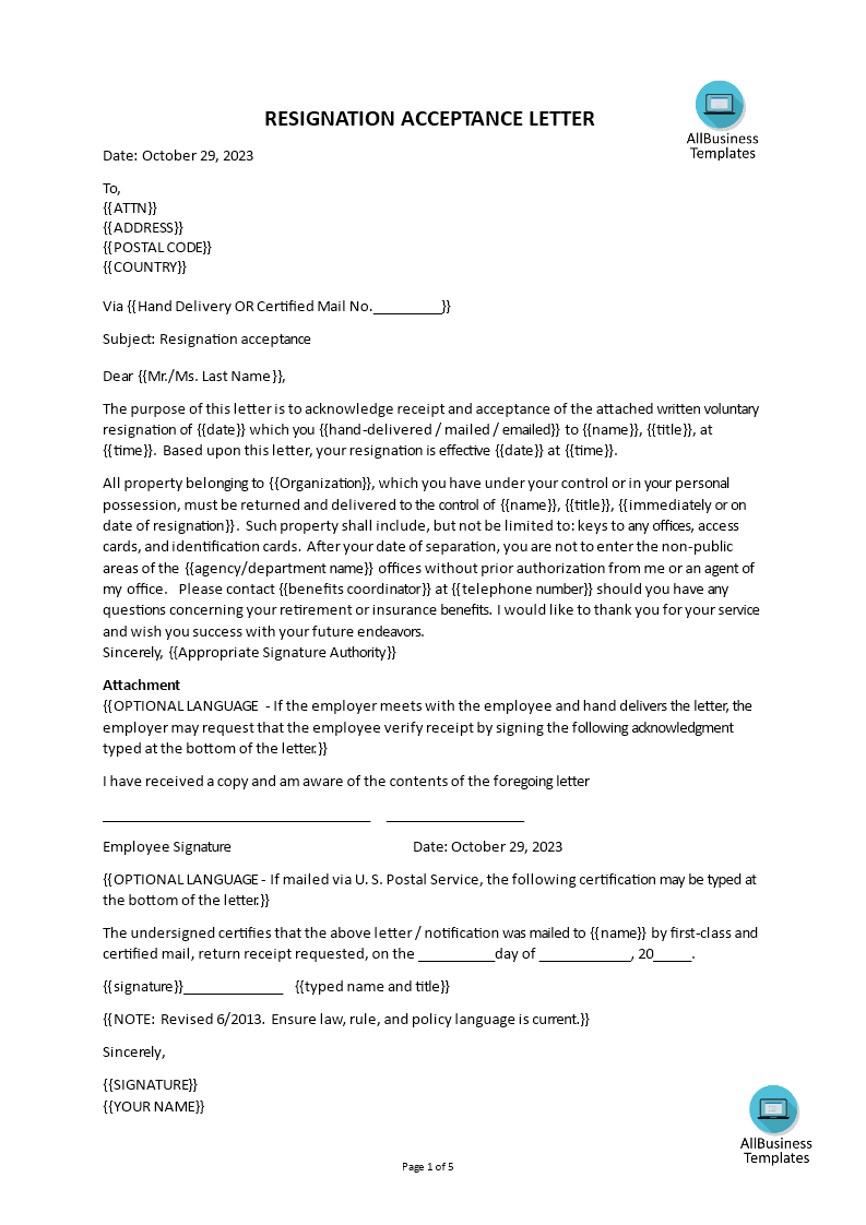 sample employee resignation acceptance letter modèles