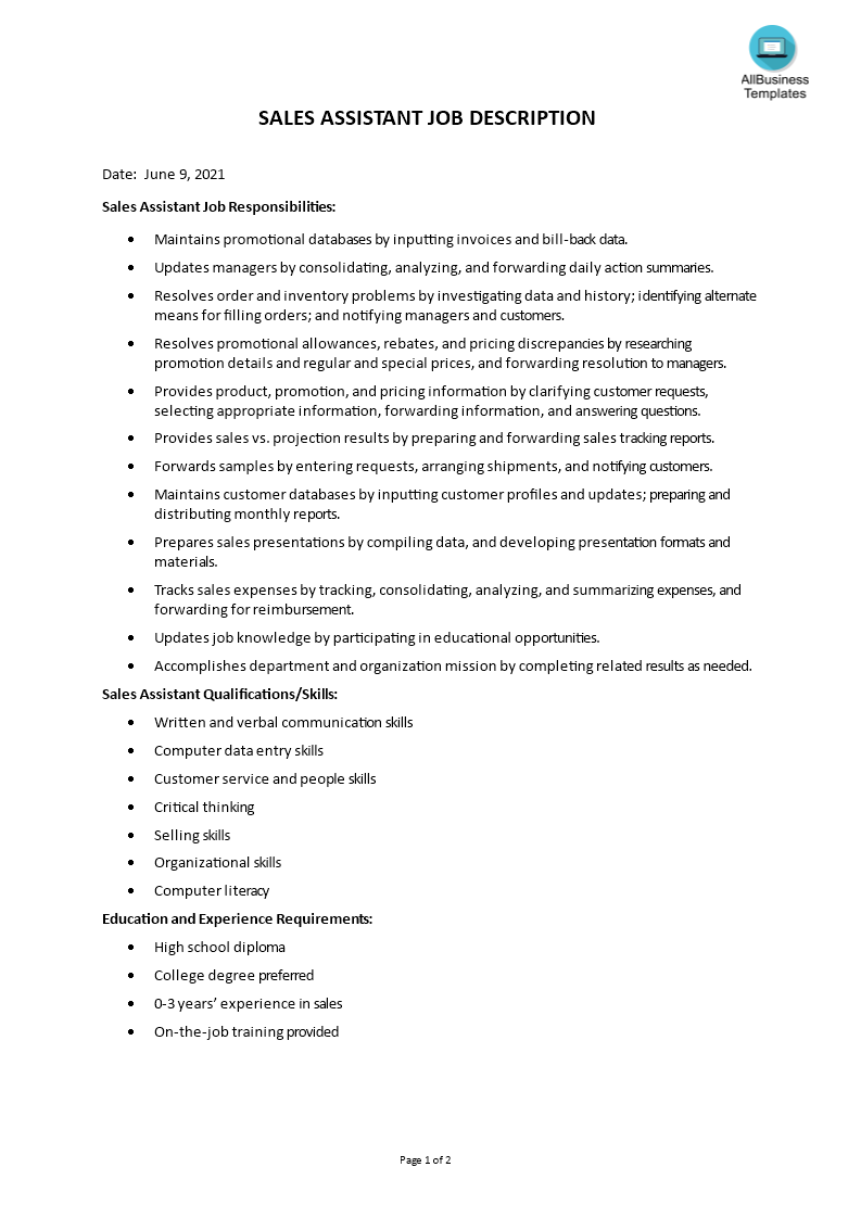 sales assistant job description template