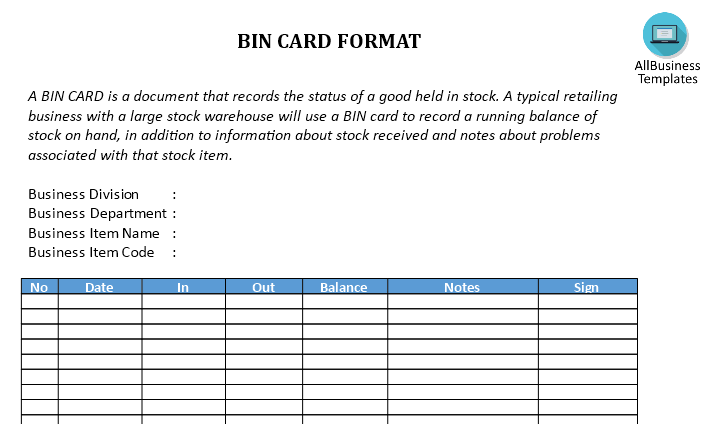 BIN Card Format Excel | Templates at allbusinesstemplates.com