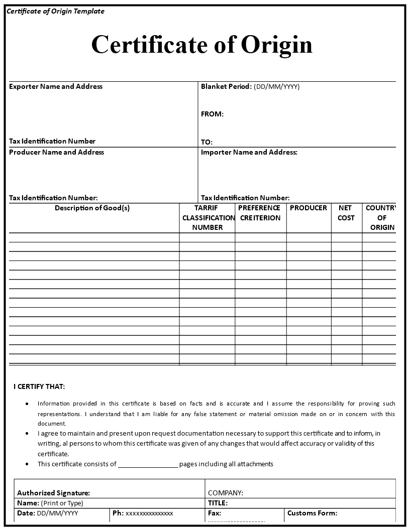 Certificate Of Origin Template 模板