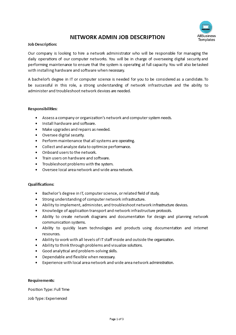 network admin job description modèles