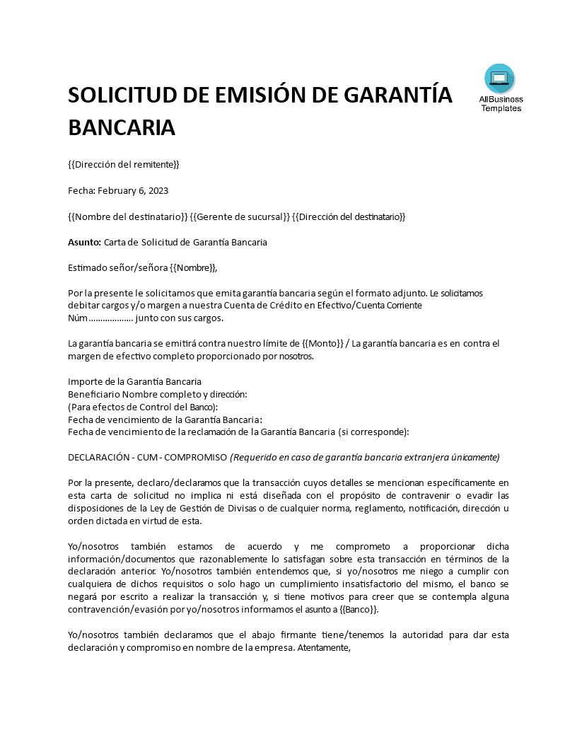 Carta de Garantía Bancaria 模板