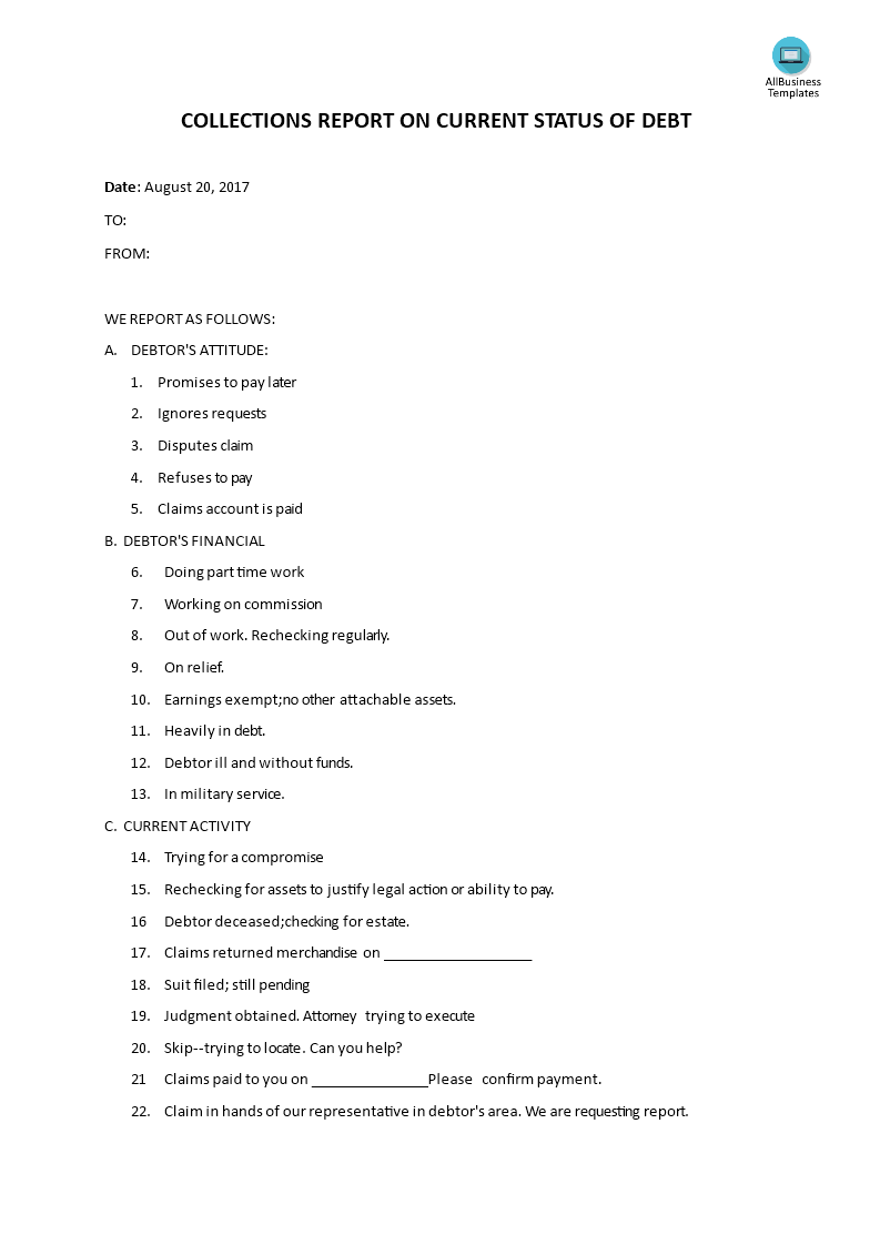 Collections Report On Current Status Of Debt Templates At