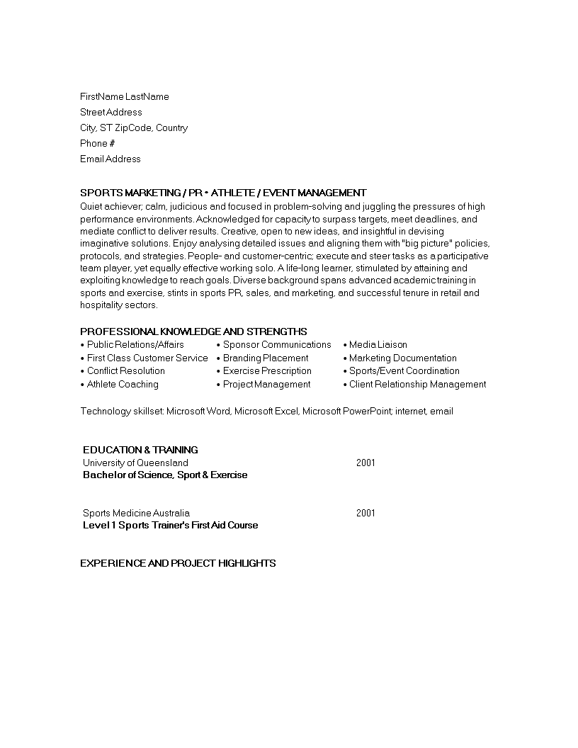 sports marketing assisstant resume template