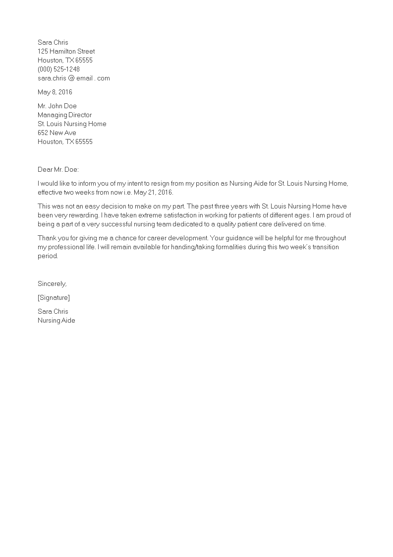 nurse aide resignation letter template