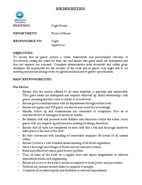 night porter job description modèles