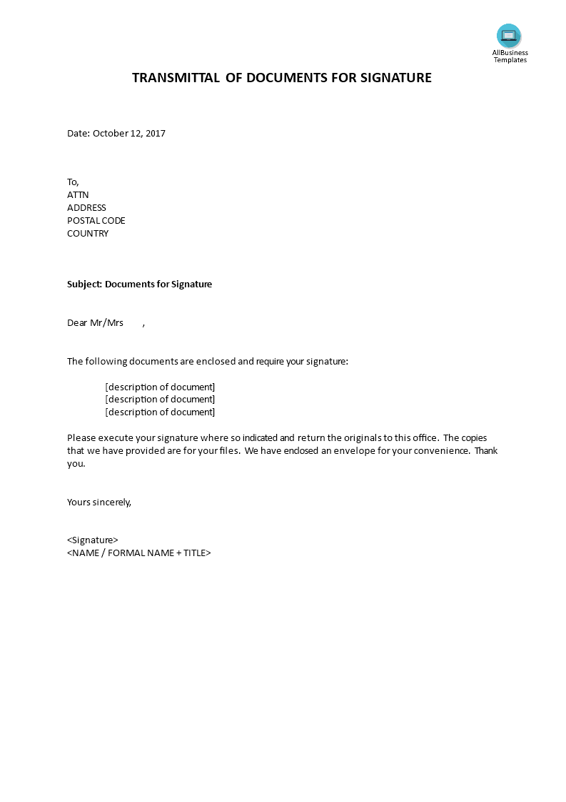 transmittal of documents for signature template