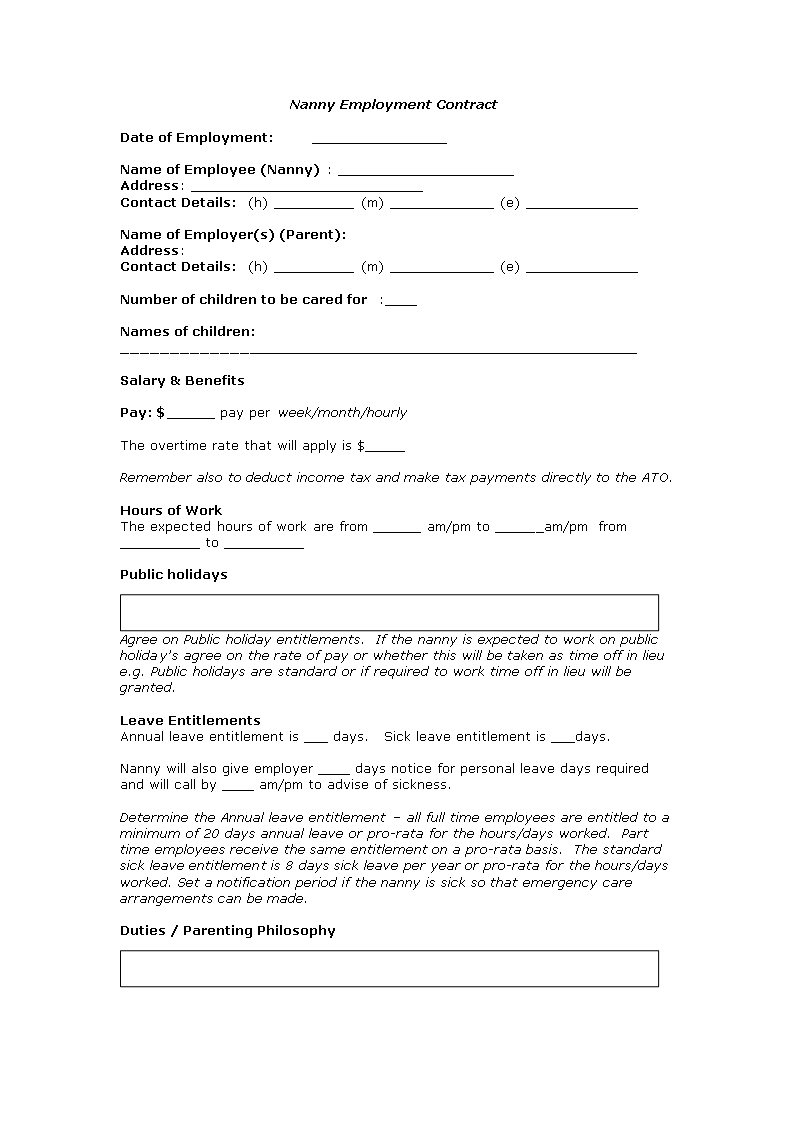 nanny employment contract modèles