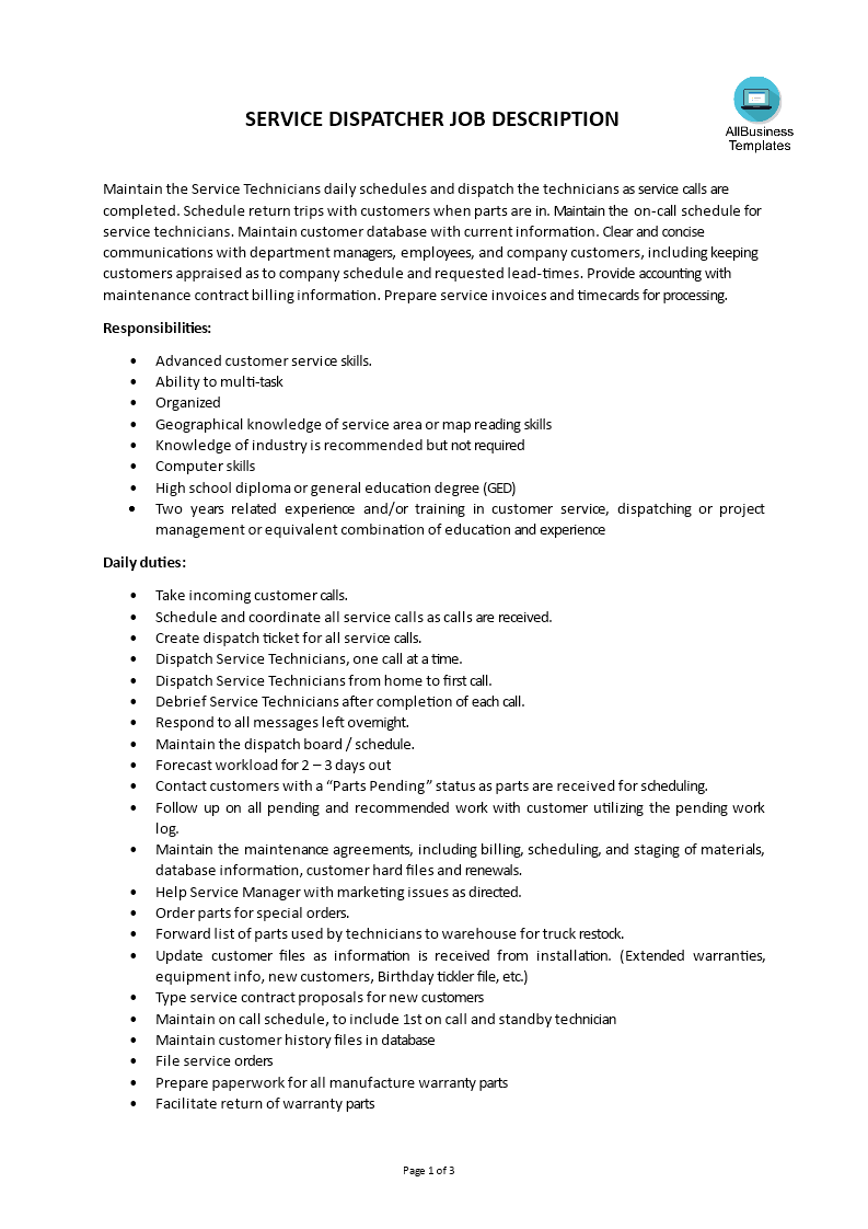 Service Dispatcher Job Description main image