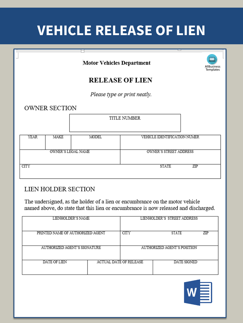 Vehicle Lien Release Form main image