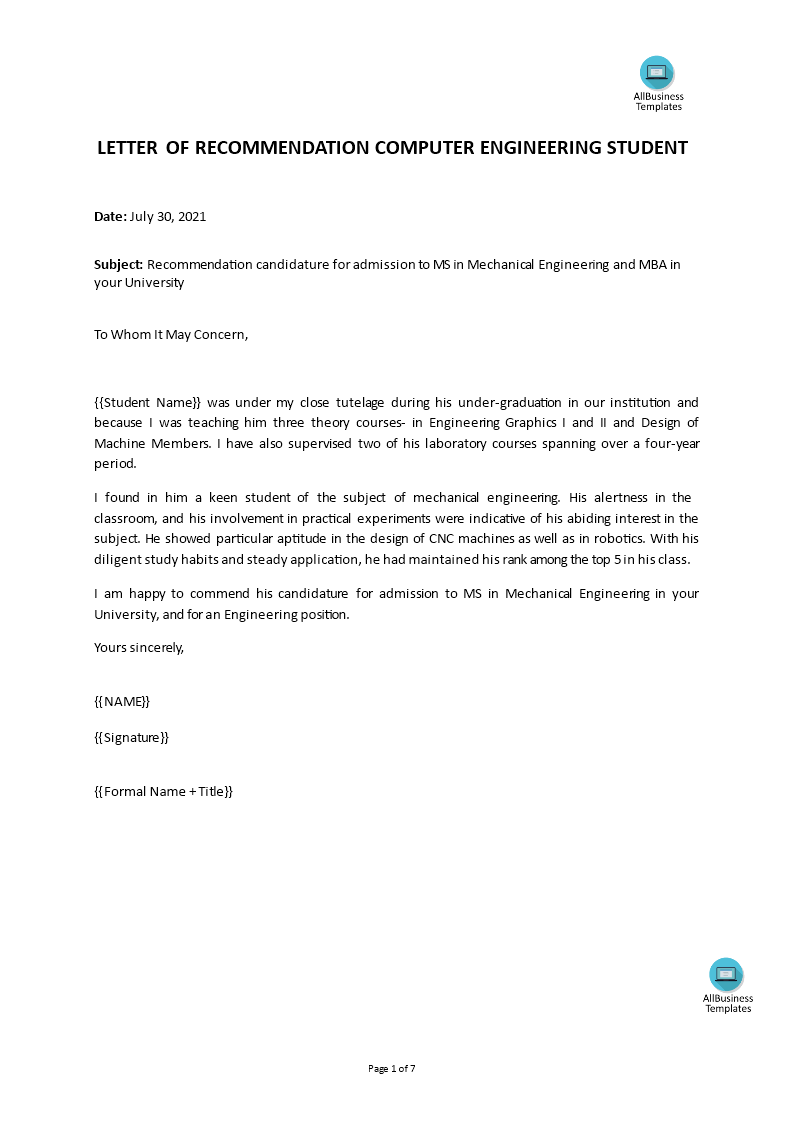 letter of recommendation computer engineering template