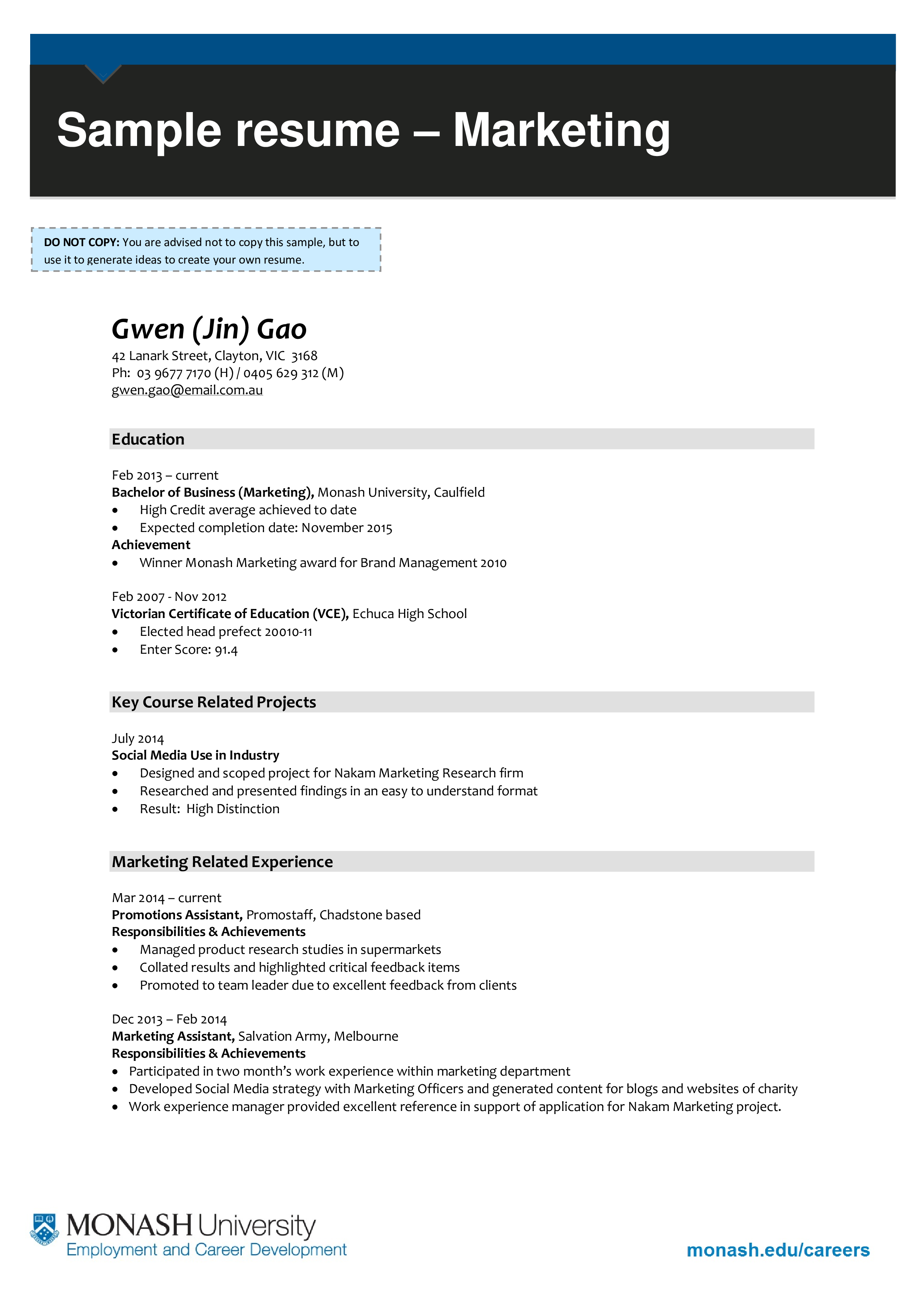 marketing manager fresher resume template