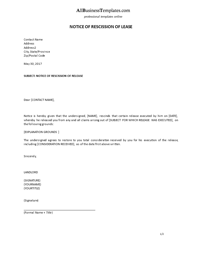 notice of rescission of lease example (formal) voorbeeld afbeelding 