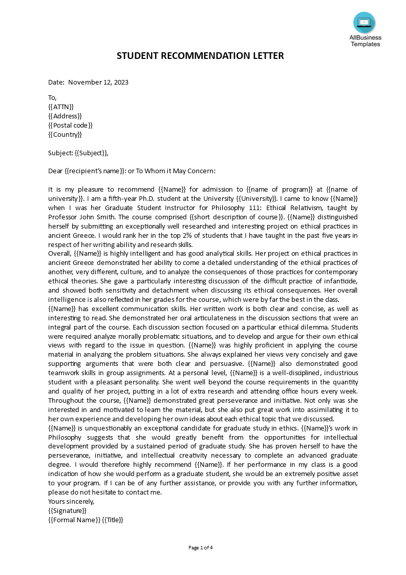 student recommendation letter template