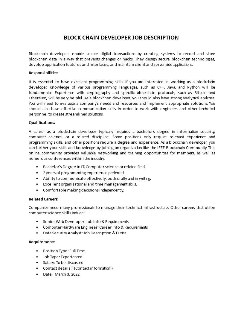 Block Chain Developer Job Description main image