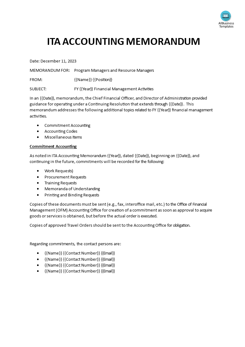 ita business accounting memo template