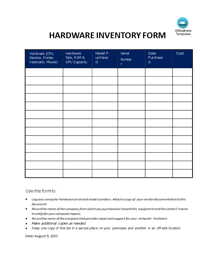 Computer Hardware Inventory Form 模板