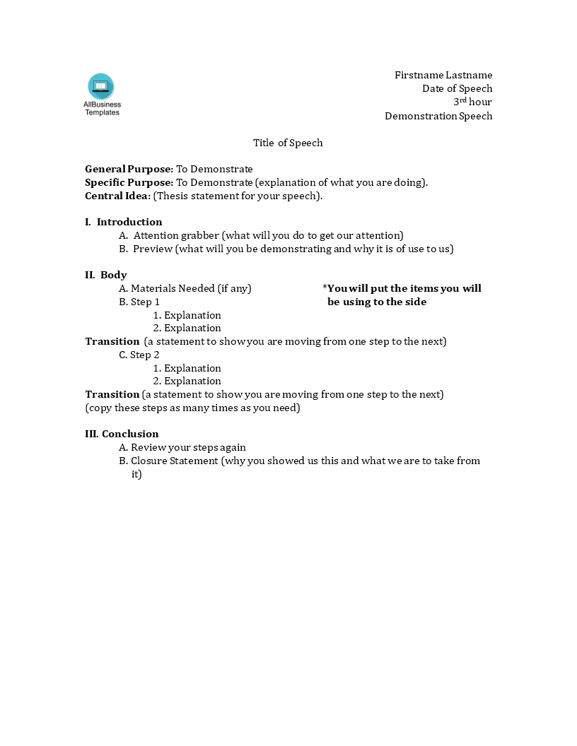 demonstration speech outline template modèles