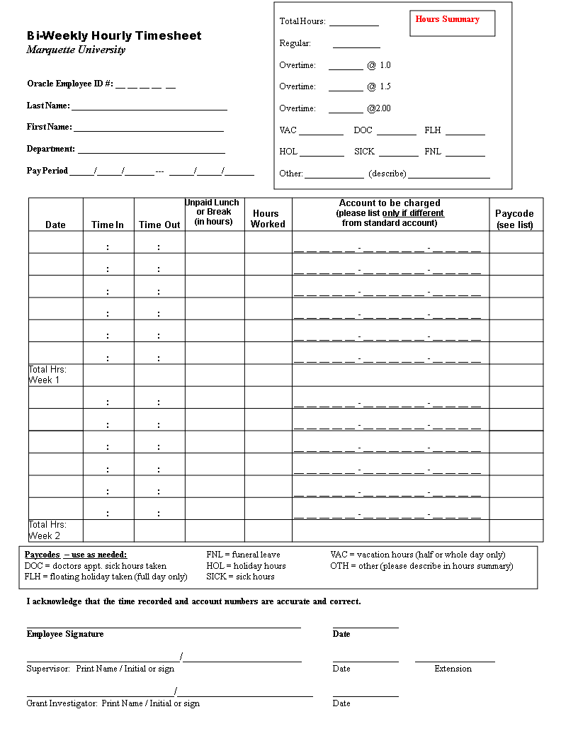 Bi Weekly Timesheet Template 模板