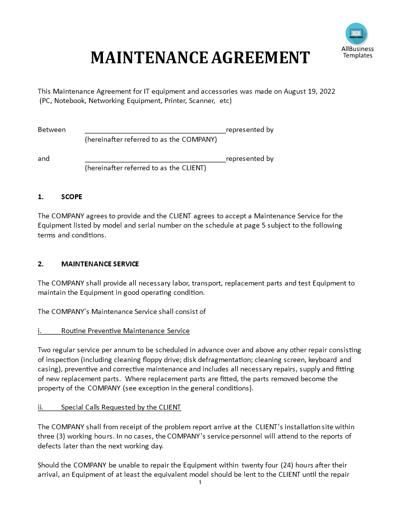 Maintenance Agreement IT equipment Templates at