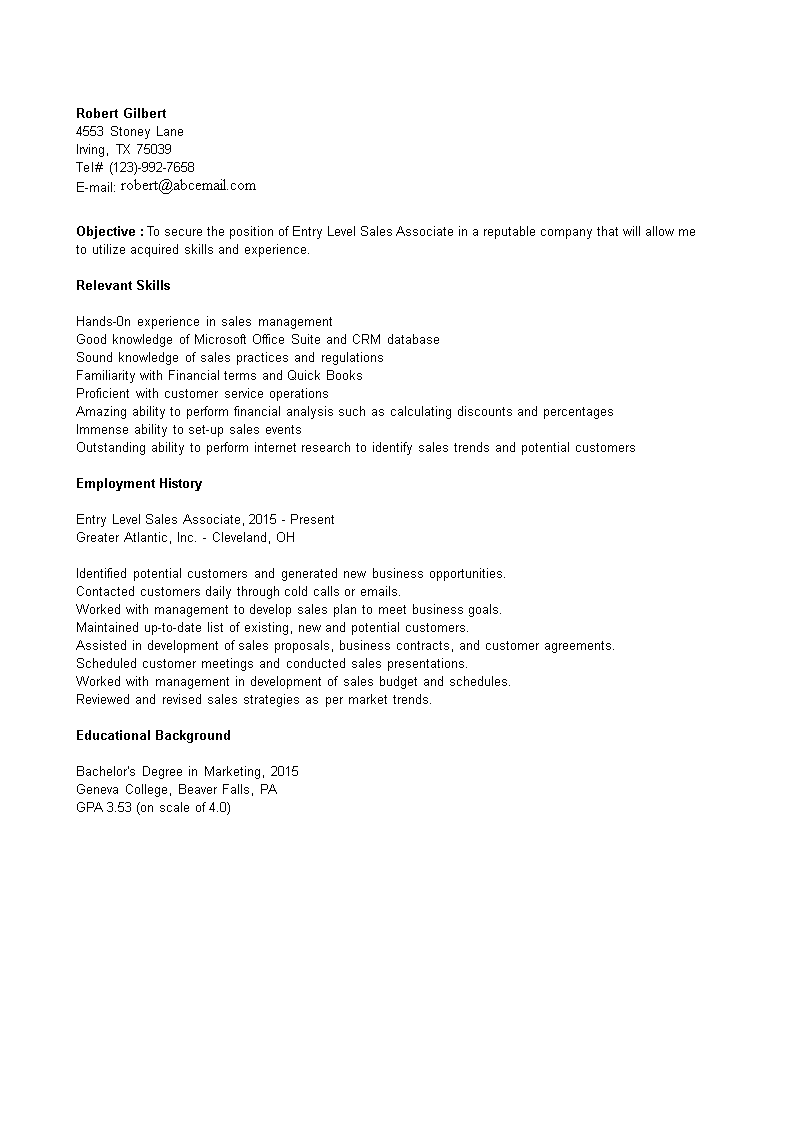 Entry-Level Sales Associate Resume sample main image