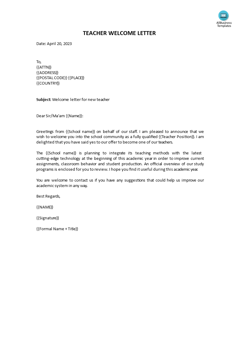 teacher welcome letter template voorbeeld afbeelding 