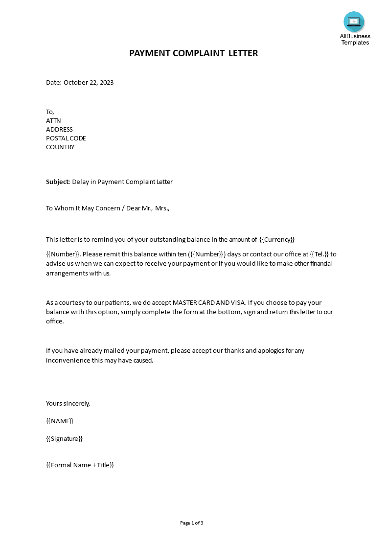 delay in payment complaint letter template