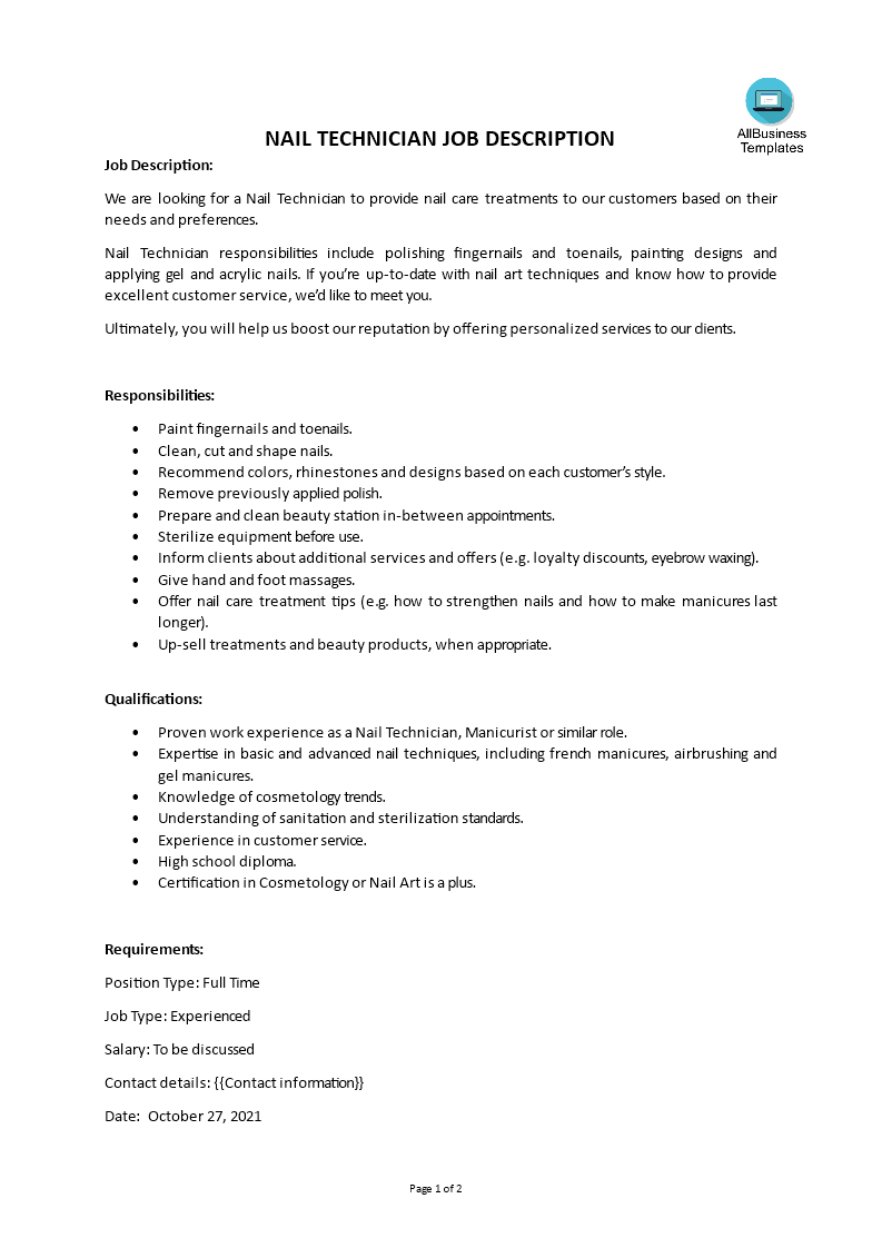 nail technician job description template