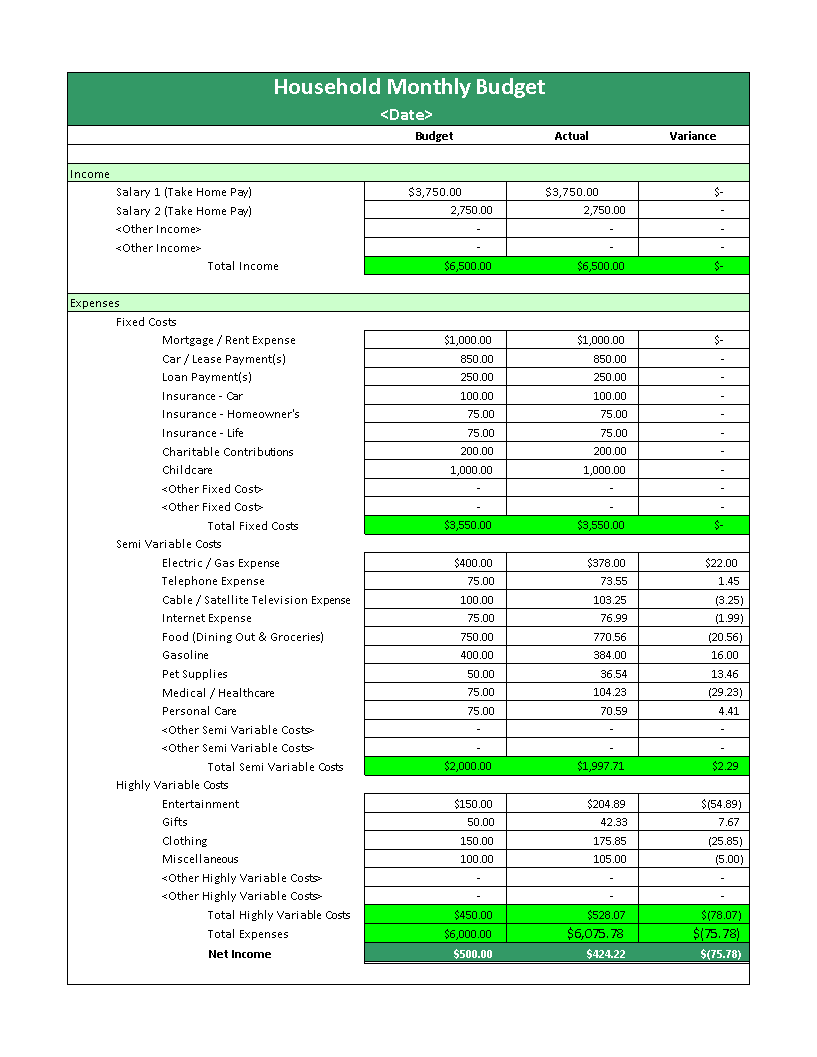 Basic House Hold Monthly Budget 模板