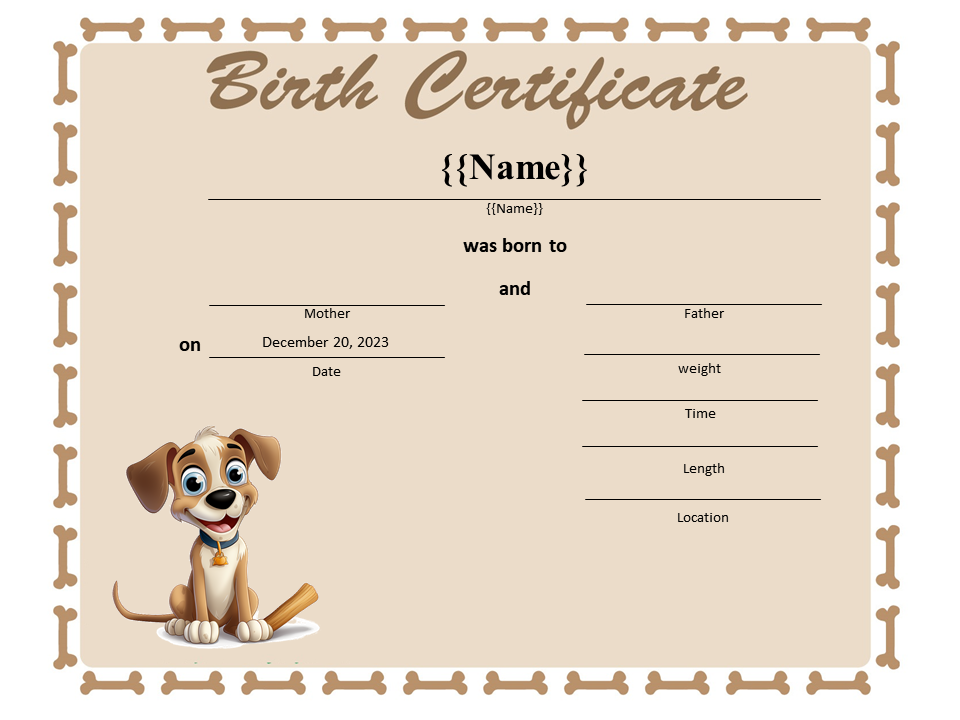 Sample Dog Birth Certificate 模板