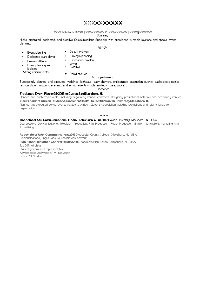 freelance event planner resume template