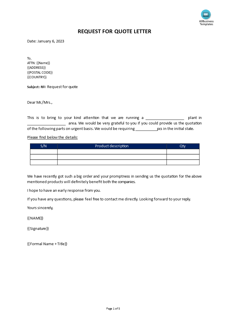 sample letter of request for quote