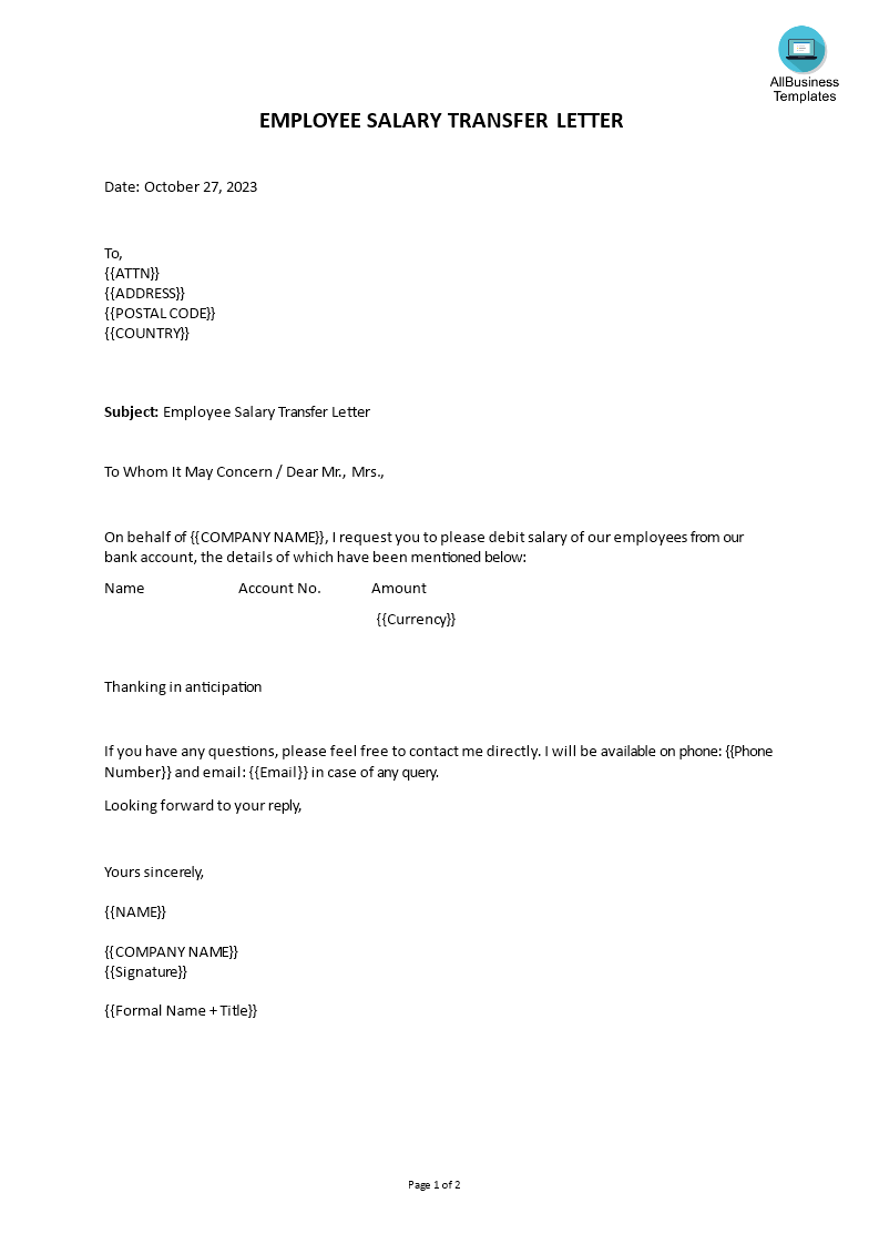 employee salary transfer letter to bank template