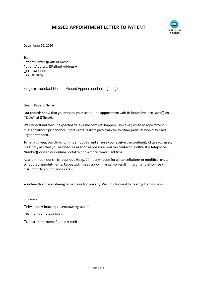 patient missed appointment letter modèles
