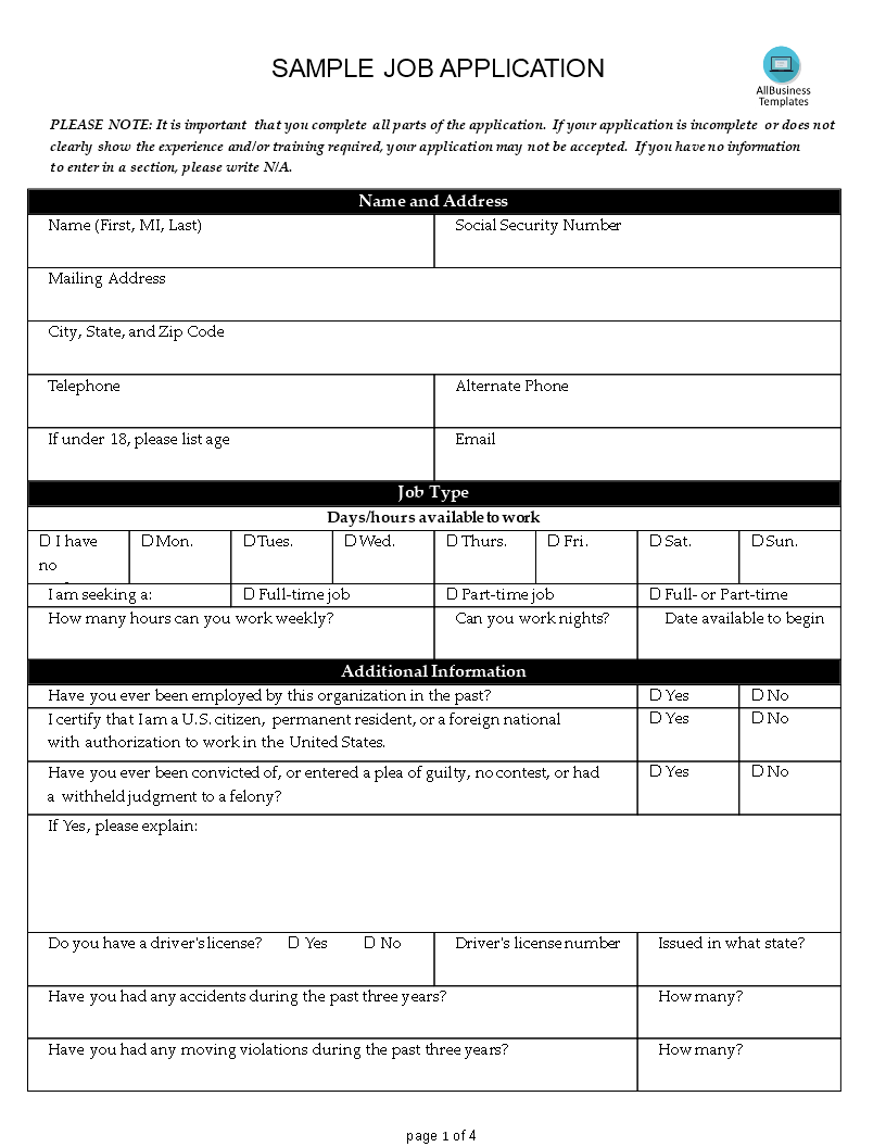 免费Sample Job Application Form  样本文件在allbusinesstemplates.com With Regard To Job Application Template Word