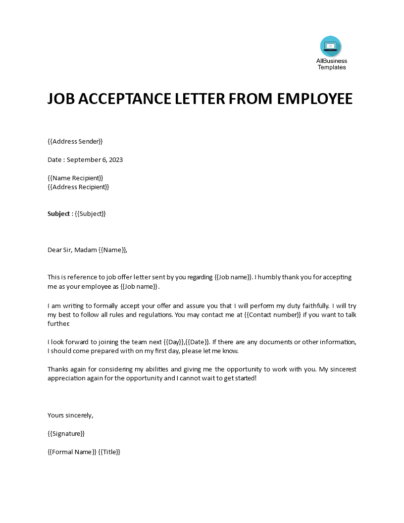 Acceptance Letter For Job Offer  Templates at allbusinesstemplates