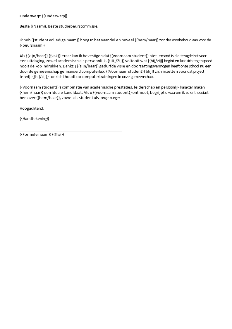 aanbevelingsbrief studiebeurs template