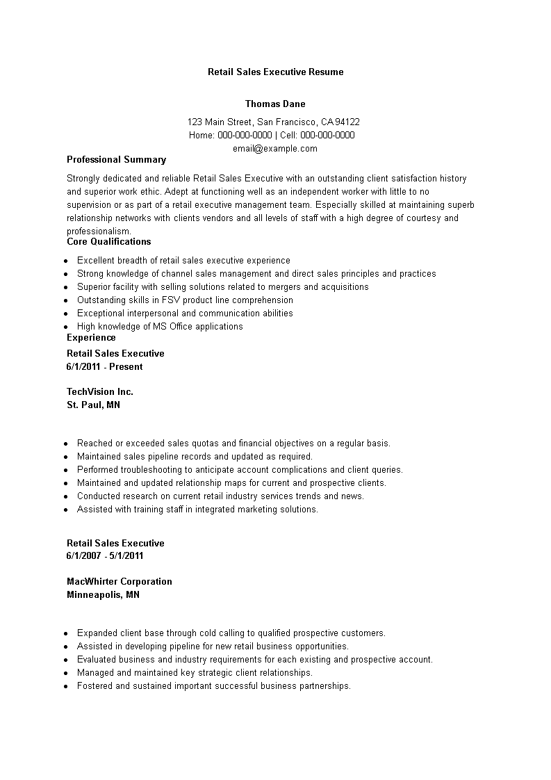 retail sales executive resume modèles