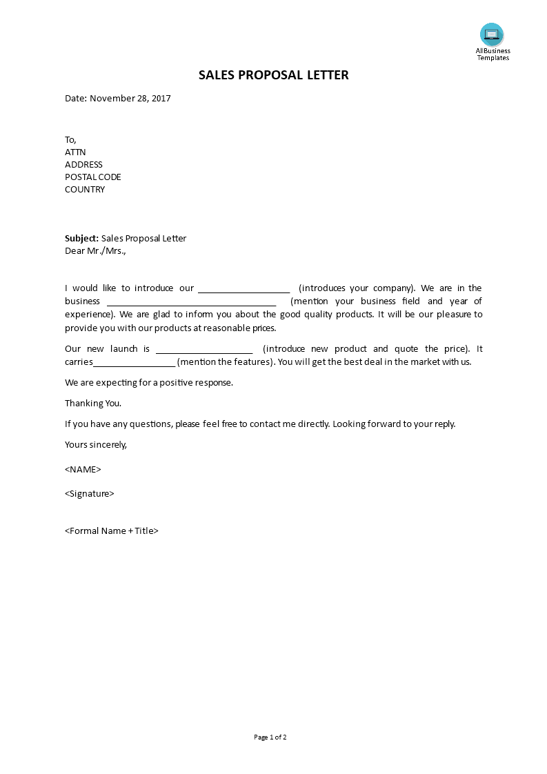 Kostenloses Sales Proposal Letter For Business Sale Proposal Template