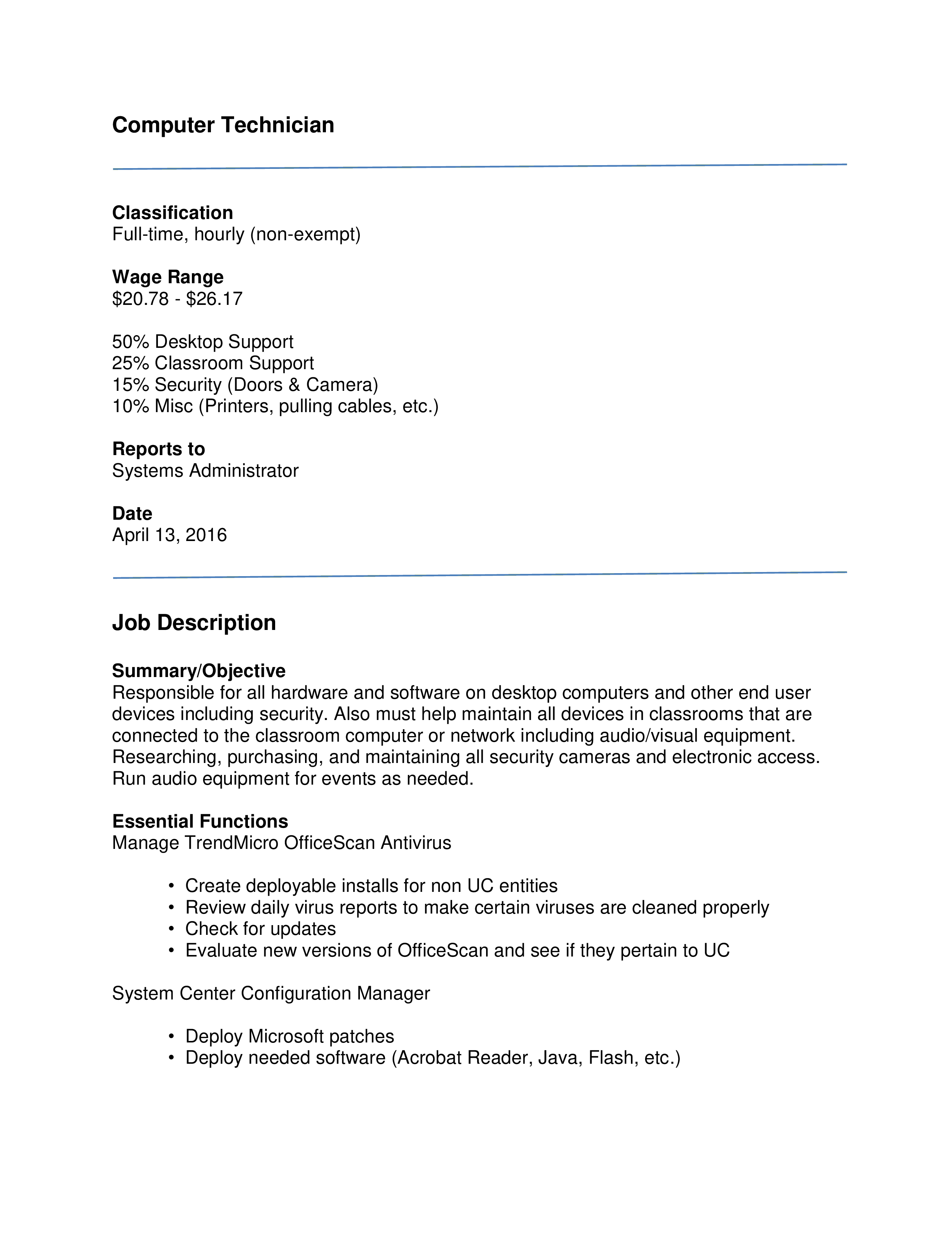 computer technician job description sample template