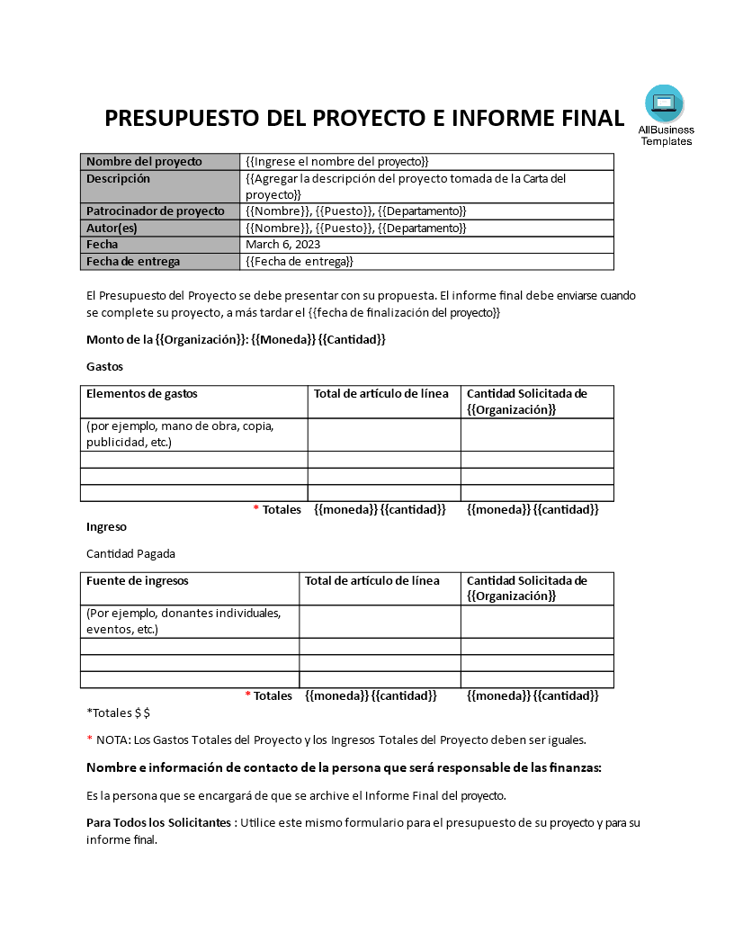 Presupuesto Del Proyecto E Informe Final Word 模板
