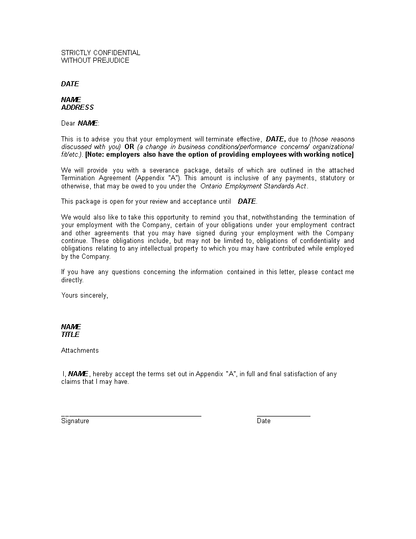 Sample termination letter without cause