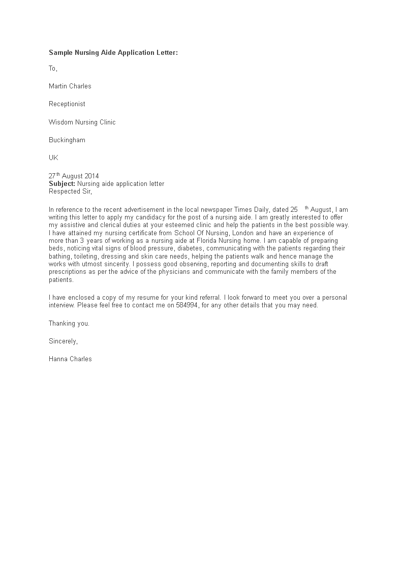 sample nursing aide job application letter template