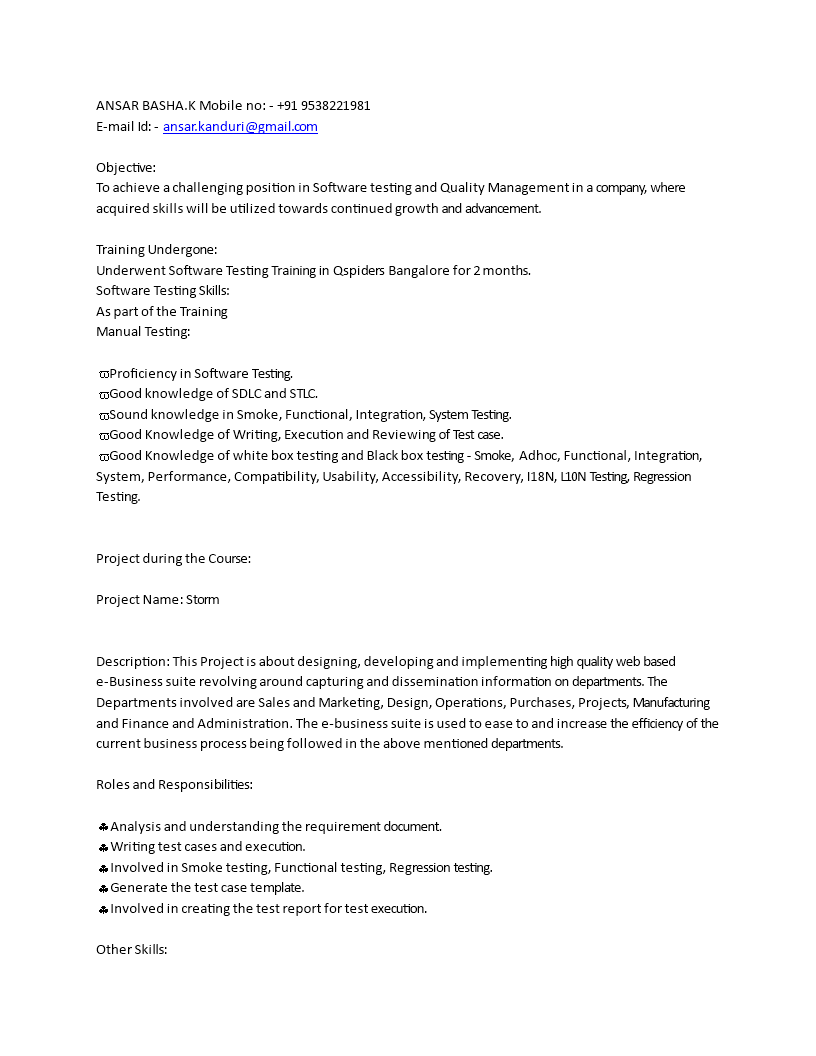 software manual testing resume for fresher modèles