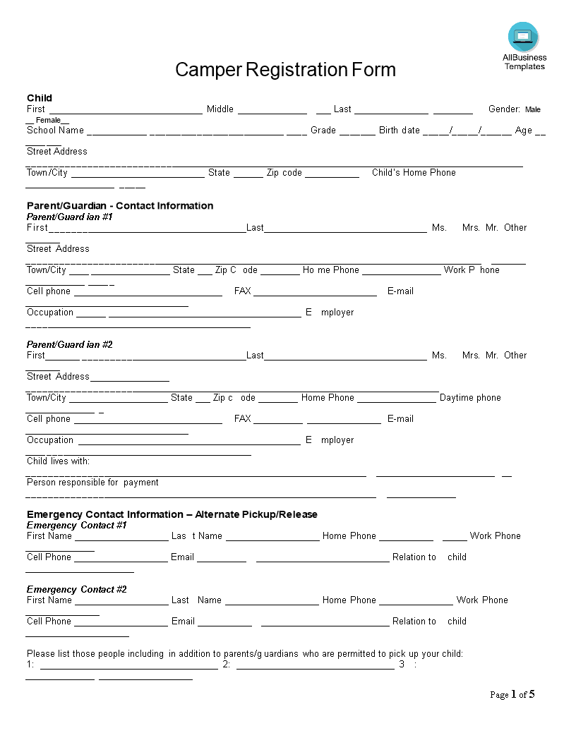 Camp Registration Form 模板